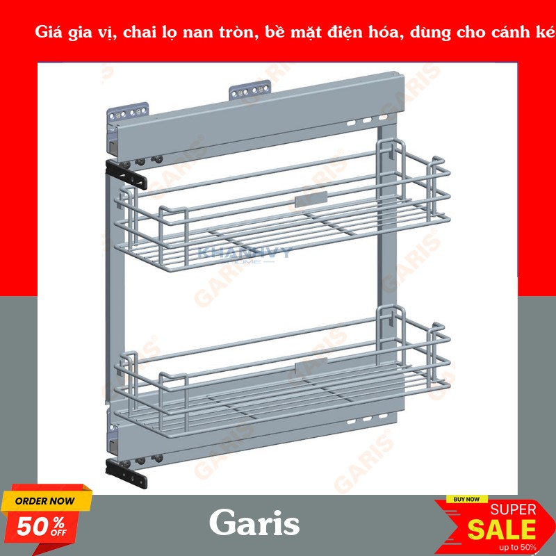 Giá gia vị, chai lọ nan tròn, bề mặt điện hóa, dùng cho cánh kéo, bắt vách bên tủ Garis – MK02E.20L/R
