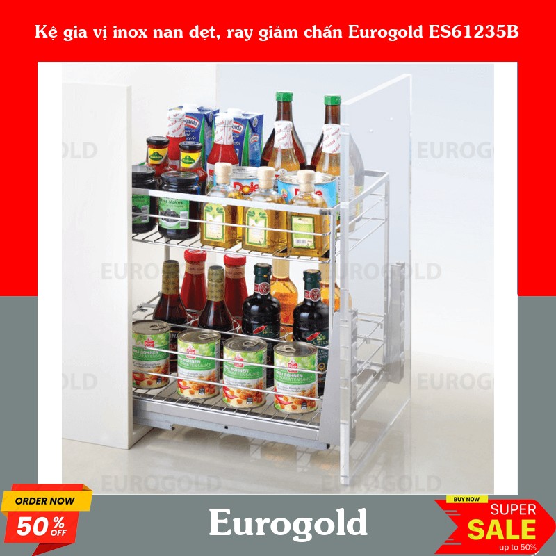 Kệ gia vị inox nan dẹt, ray giảm chấn Eurogold ES61235B